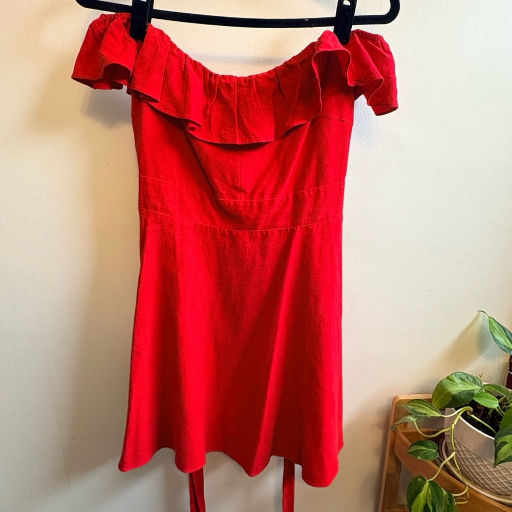 NWT Zara Red Linen Off-Shoulder Ruffle Dress
